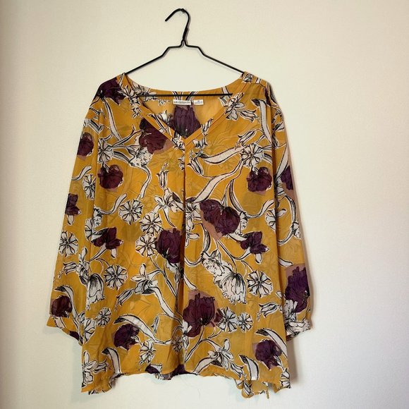 Liz Claiborne  Bold Yellow Purple Sheer Floral Blouse Size 3X - Picture 1 of 4